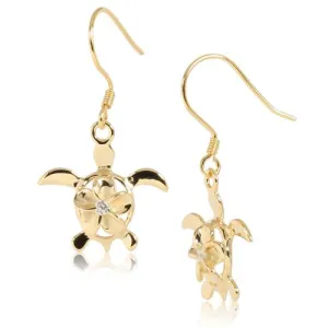 Sterling Silver Yellow Gold Plated 8mm Plumeria with CZ in Honu (Hawaiian Turtle) Hook Earrings