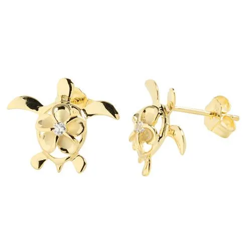 Sterling Silver Yellow Gold Plated 8mm Plumeria with CZ in Honu (Hawaiian Turtle) Post Earrings