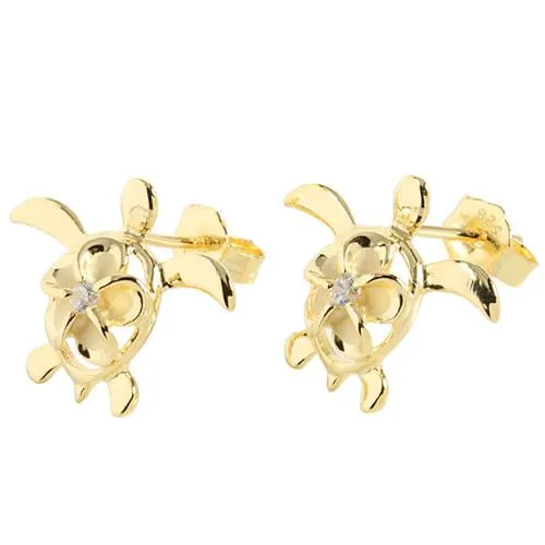 Sterling Silver Yellow Gold Plated 8mm Plumeria with CZ in Honu (Hawaiian Turtle) Post Earrings