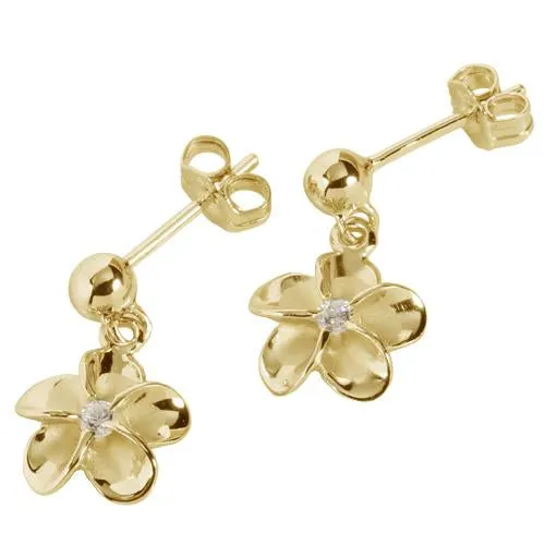 Sterling Silver Yellow Gold Plated Bead Drop 10mm Plumeria with CZ Post Earrings