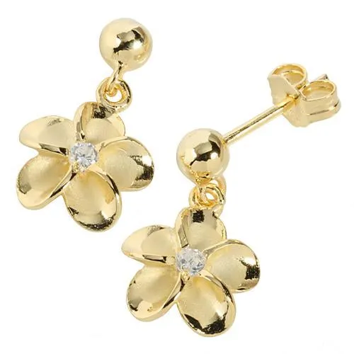 Sterling Silver Yellow Gold Plated Bead Drop 10mm Plumeria with CZ Post Earrings