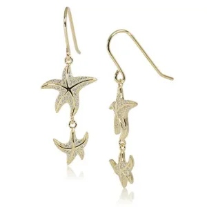 Sterling Silver Yellow Gold Plated Double Starfish Pave CZ Hook Earrings