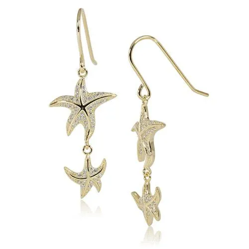 Sterling Silver Yellow Gold Plated Double Starfish Pave CZ Hook Earrings