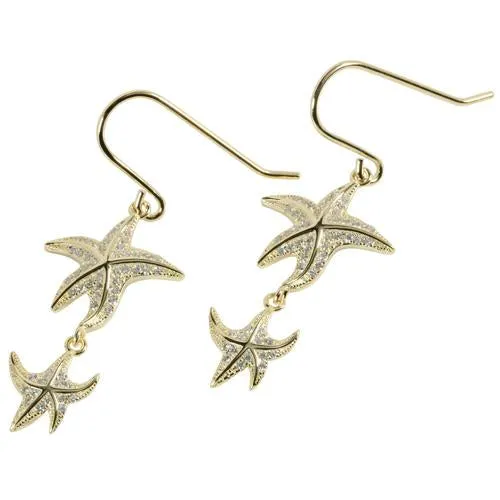 Sterling Silver Yellow Gold Plated Double Starfish Pave CZ Hook Earrings