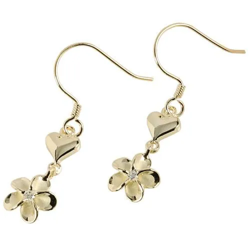 Sterling Silver Yellow Gold Plated Heart/Plumeria with CZ Hook Earrings