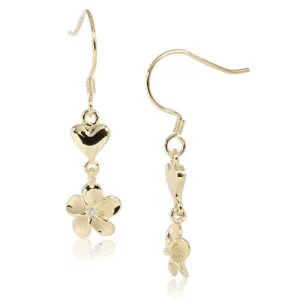 Sterling Silver Yellow Gold Plated Heart/Plumeria with CZ Hook Earrings
