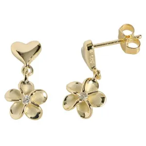 Sterling Silver Yellow Gold Plated Heart/Plumeria with CZ Post Earrings