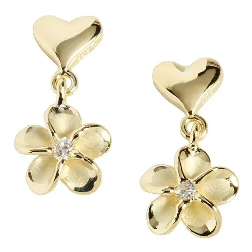 Sterling Silver Yellow Gold Plated Heart/Plumeria with CZ Post Earrings