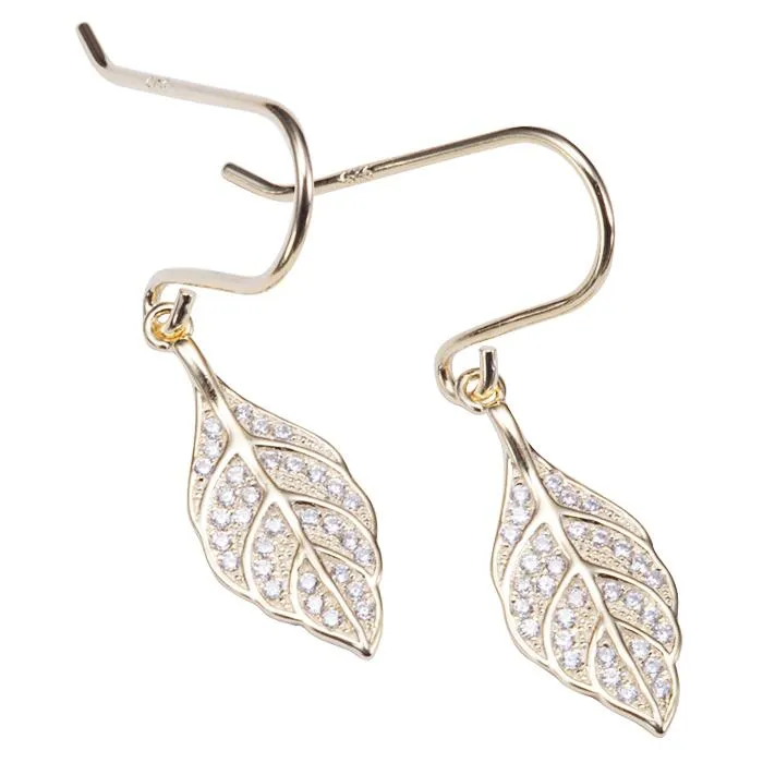Sterling Silver Yellow Gold Plated Maile Leaf Pave CZ Hook Earrings