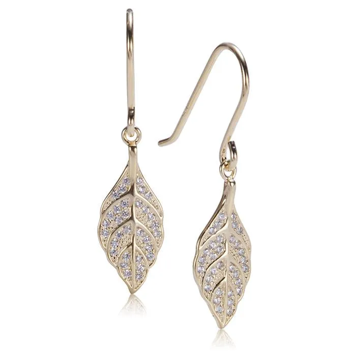 Sterling Silver Yellow Gold Plated Maile Leaf Pave CZ Hook Earrings
