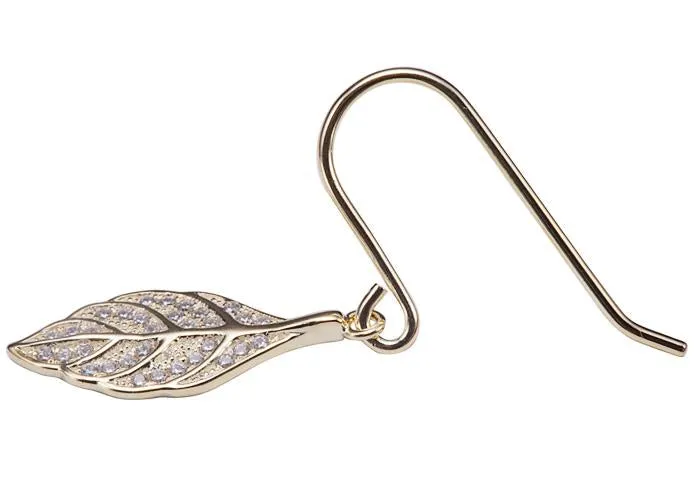 Sterling Silver Yellow Gold Plated Maile Leaf Pave CZ Hook Earrings