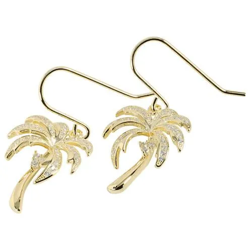 Sterling Silver Yellow Gold Plated Palm Tree Pave CZ Hook Earrings
