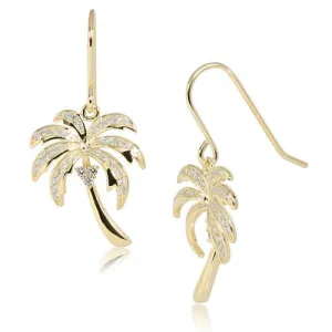 Sterling Silver Yellow Gold Plated Palm Tree Pave CZ Hook Earrings