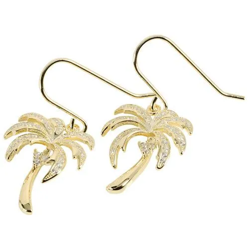 Sterling Silver Yellow Gold Plated Palm Tree Pave CZ Hook Earrings