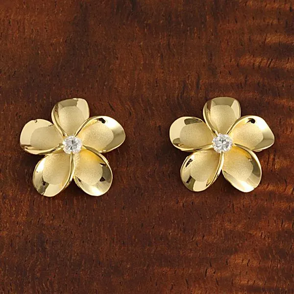 Sterling Silver Yellow Gold Plated Plumeria with CZ Earrings (8-18mm)