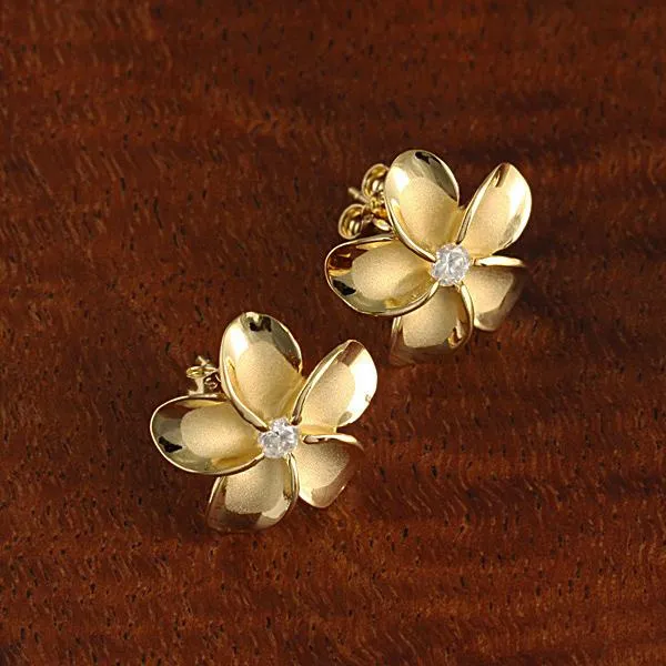 Sterling Silver Yellow Gold Plated Plumeria with CZ Earrings (8-18mm)