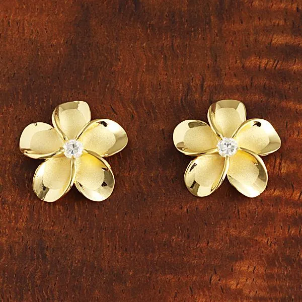 Sterling Silver Yellow Gold Plated Plumeria with CZ Earrings (8-18mm)