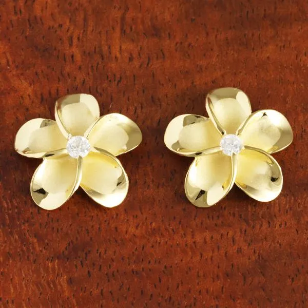 Sterling Silver Yellow Gold Plated Plumeria with CZ Earrings (8-18mm)