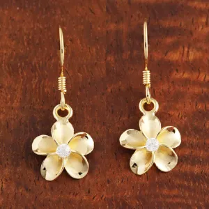 Sterling Silver Yellow Gold Plated Plumeria with CZ Hook Earrings (10mm/15mm)