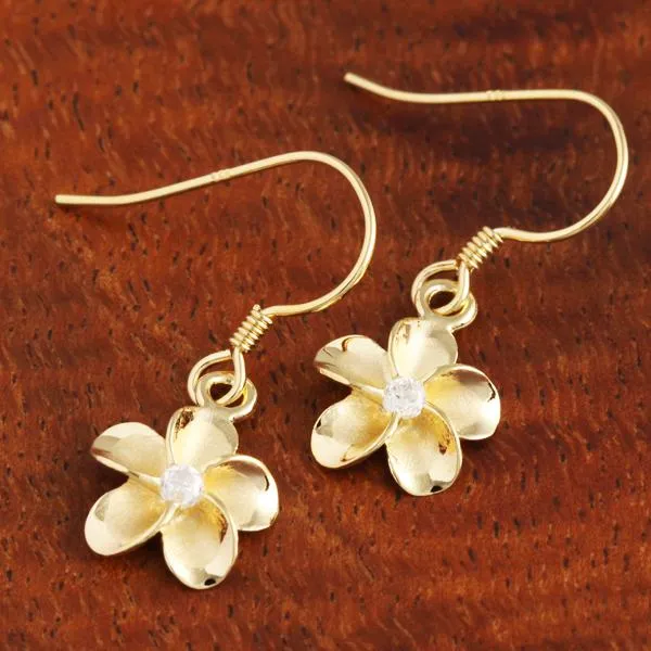 Sterling Silver Yellow Gold Plated Plumeria with CZ Hook Earrings (10mm/15mm)