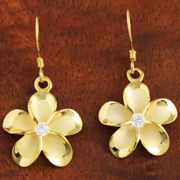 Sterling Silver Yellow Gold Plated Plumeria with CZ Hook Earrings (10mm/15mm)