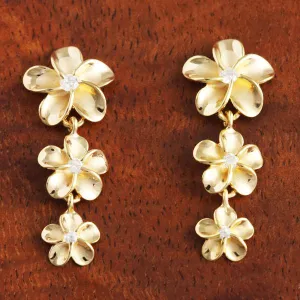 Sterling Silver Yellow Gold Rhodium Plated 12-10-8mm Plumeria with CZ Post Earrings