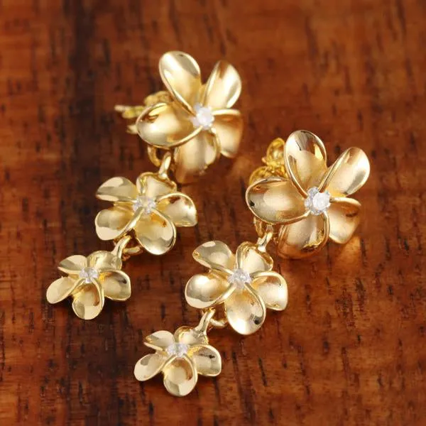 Sterling Silver Yellow Gold Rhodium Plated 12-10-8mm Plumeria with CZ Post Earrings
