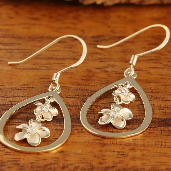 Sterling Silver Yellow Gold Rhodium Plated 6-8mm Plumeria with CZ Drop Hook Earrings