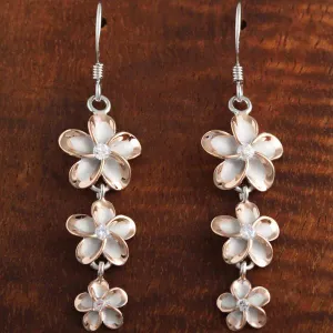 Sterling Two Tone Silver Pink Gold Rhodium Plated 12-10-8mm Plumeria with CZ Hook Earrings