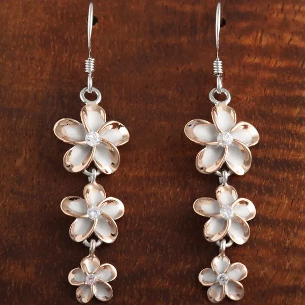 Sterling Two Tone Silver Pink Gold Rhodium Plated 12-10-8mm Plumeria with CZ Hook Earrings