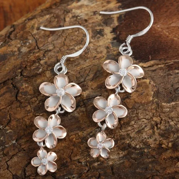 Sterling Two Tone Silver Pink Gold Rhodium Plated 12-10-8mm Plumeria with CZ Hook Earrings