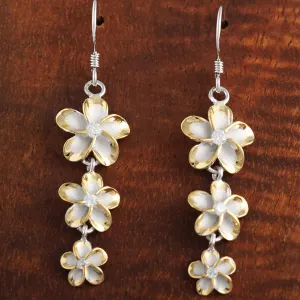 Sterling Two Tone Yellow Gold Rhodium Plated 12-10-8mm Plumeria with CZ Hook Earrings
