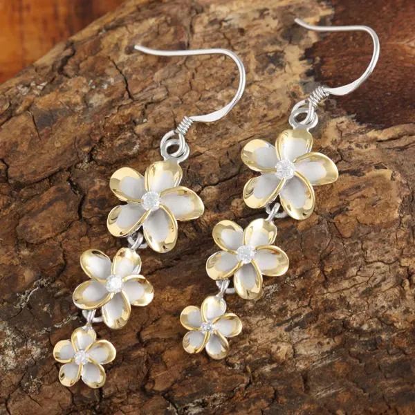 Sterling Two Tone Yellow Gold Rhodium Plated 12-10-8mm Plumeria with CZ Hook Earrings