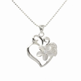 Sterling Silver 10mm Plumeria with CZ and Leaf in Heart Pendant (Chain Sold Separately)