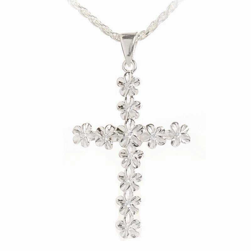 Sterling Silver 11 Plumeria with CZ High Polish Finish Cross Pendant (Chain Sold Separately)