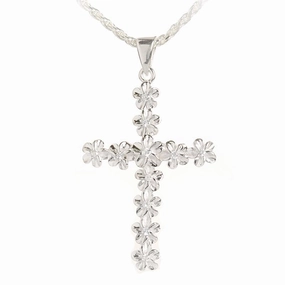 Sterling Silver 11 Plumeria with CZ High Polish Finish Cross Pendant (Chain Sold Separately)