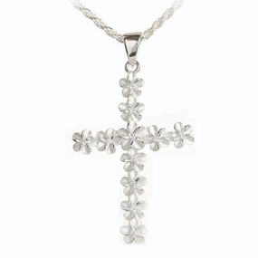 Sterling Silver 11 Plumeria with CZ Sandblast Finish Cross Pendant (Chain Sold Separately)