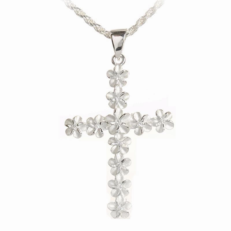 Sterling Silver 11 Plumeria with CZ Sandblast Finish Cross Pendant (Chain Sold Separately)