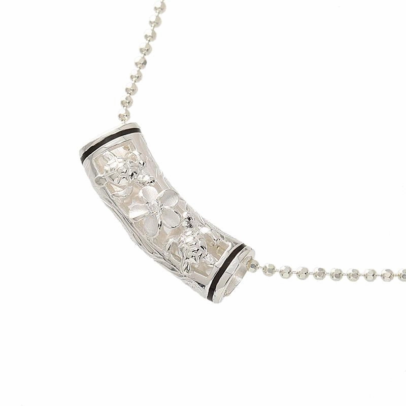 Sterling Silver 2 Honu (Turtle) and Plumeria with CZ Black Border Tube Slider Pendant (Chain Sold Separately)