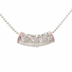 Sterling Silver 3 Plumeria with Pink CZ Pink Border Tube Slider Pendant (Chain Sold Separately)