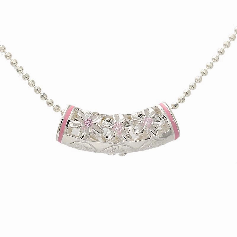 Sterling Silver 3 Plumeria with Pink CZ Pink Border Tube Slider Pendant (Chain Sold Separately)