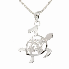 Sterling Silver 4 Plumeria in Honu (Hawaiian Turtle) Pendant (Chain Sold Separately)