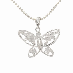 Sterling Silver 4 Plumeria with CZ Butterfly Pendant (Chain Sold Separately)