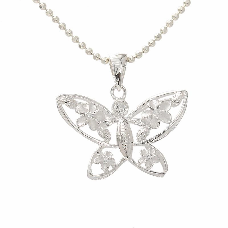 Sterling Silver 4 Plumeria with CZ Butterfly Pendant (Chain Sold Separately)