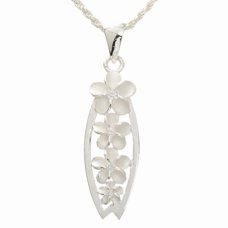 Sterling Silver 4 Plumeria with CZ Surfboard Pendant (Chain Sold Separately)
