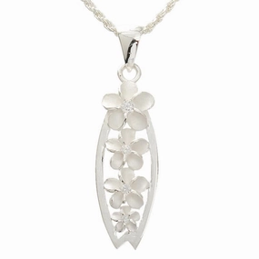 Sterling Silver 4 Plumeria with CZ Surfboard Pendant (Chain Sold Separately)