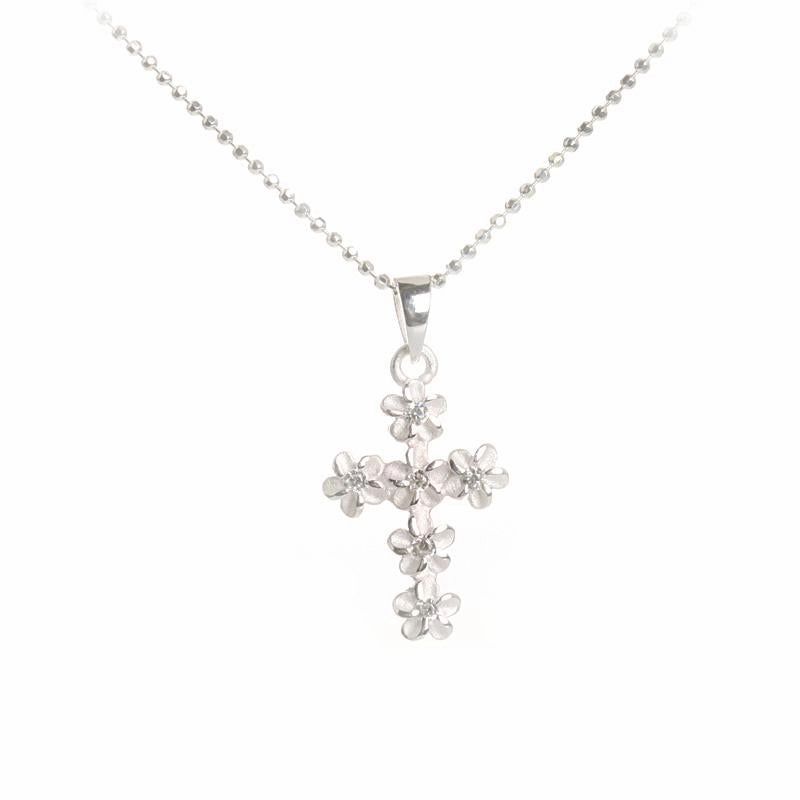 Sterling Silver 4mm Plumeria with CZ Cross Pendant (Chain Sold Separately)