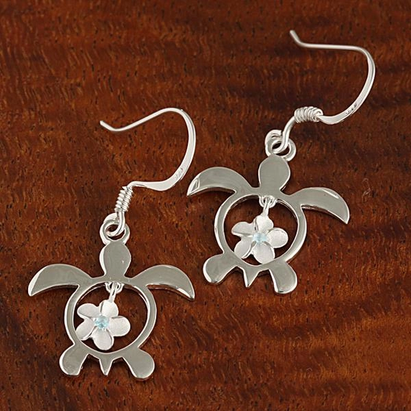 Sterling Silver 6mm Plumeria with Blue CZ in Honu (Hawaiian Turtle) Hook Earrings
