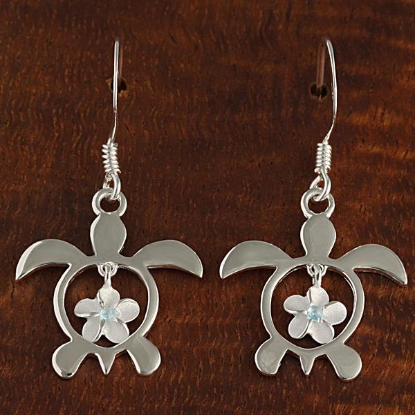 Sterling Silver 6mm Plumeria with Blue CZ in Honu (Hawaiian Turtle) Hook Earrings