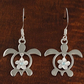 Sterling Silver 6mm Plumeria with Blue CZ in Honu (Hawaiian Turtle) Hook Earrings